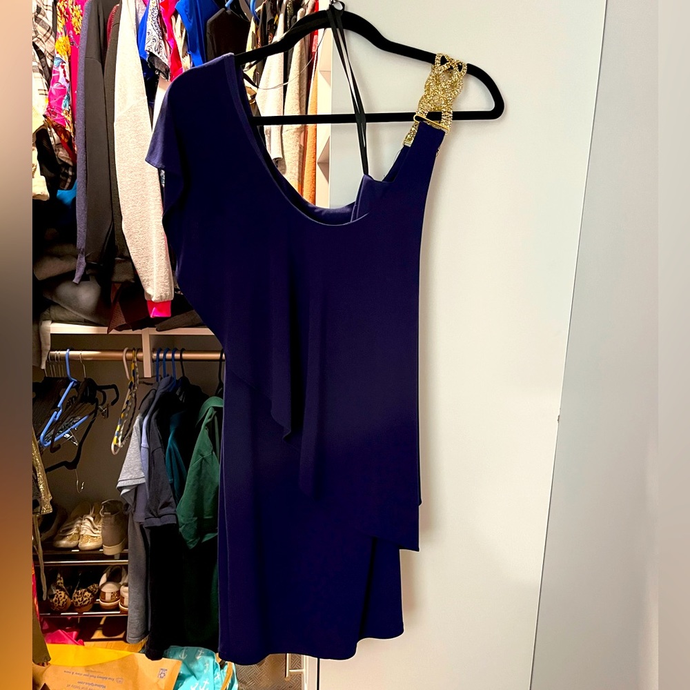 Navy blue, embellished shoulder cocktail dress